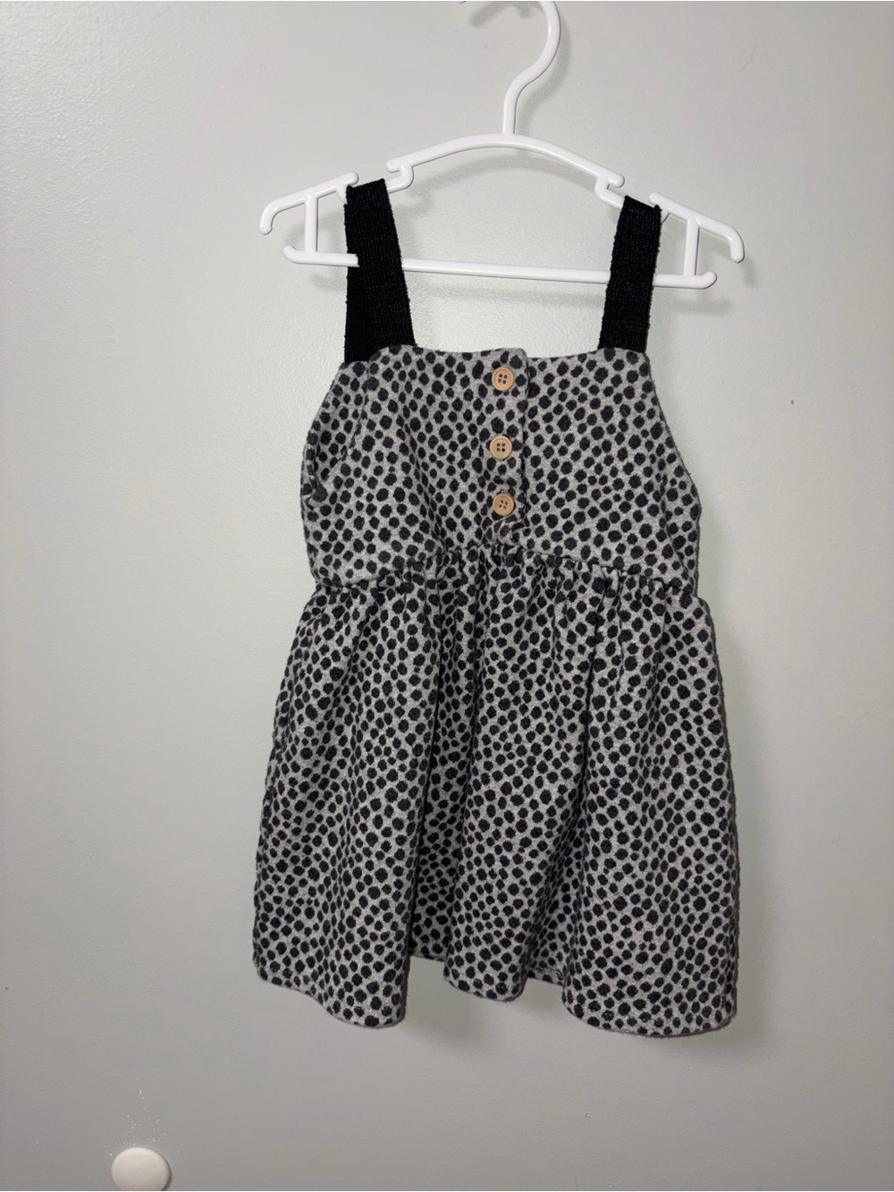 Zara Gray Pinafore Sleeveless Knit Black Polka Dot Dress Front Buttons Girls 2-3